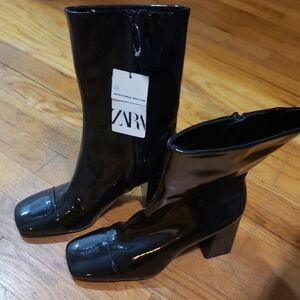 Zara Women's Glossy Black Heeled Boots
